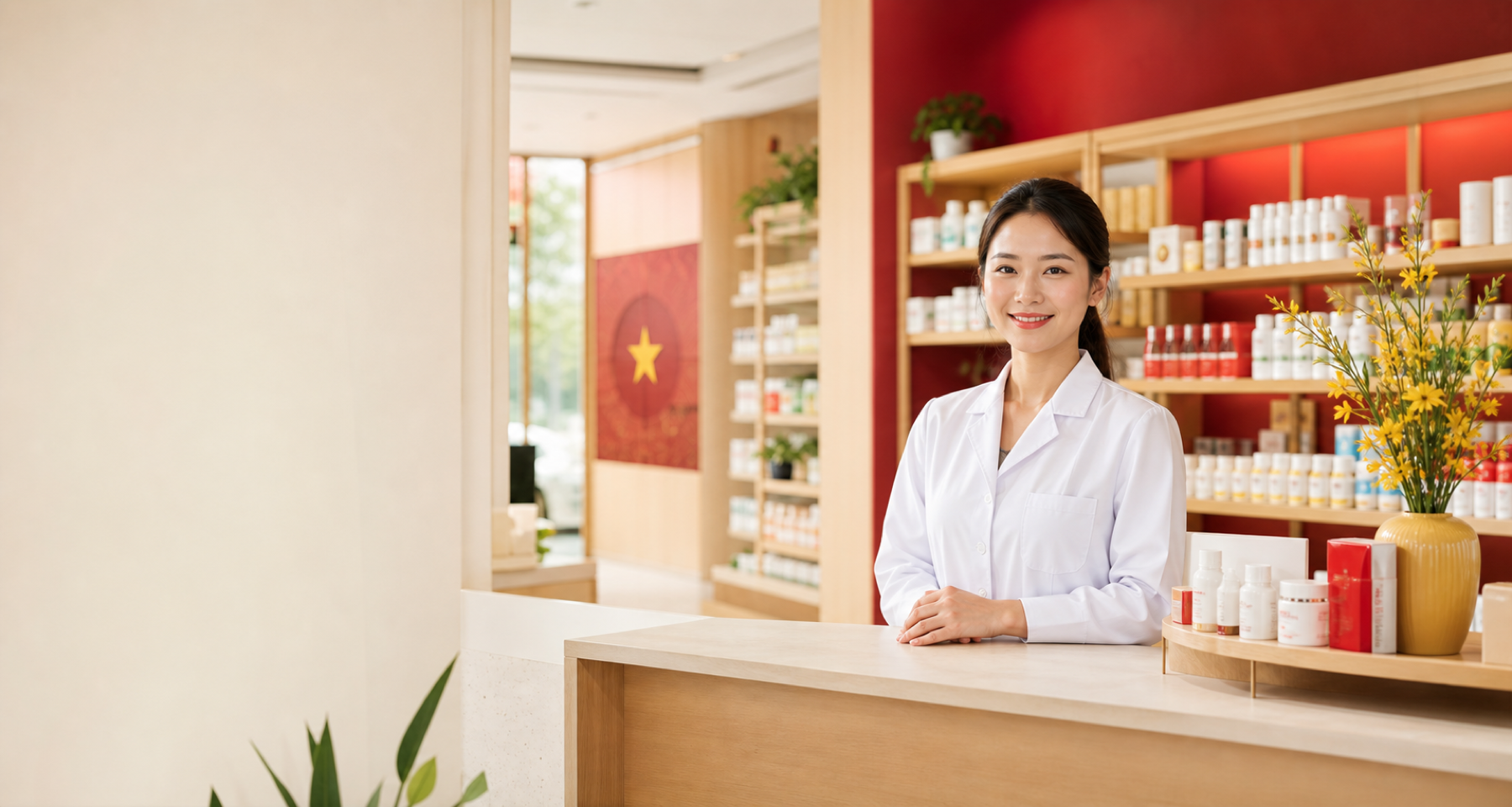 Dược sĩ Việt Nam tại nhà thuốc hiện đại mang sắc đỏ vàng